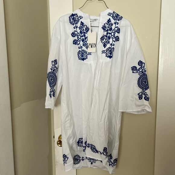 Zara Dresses Zara Whiteblue Floral Embroidered Dress Poshmark